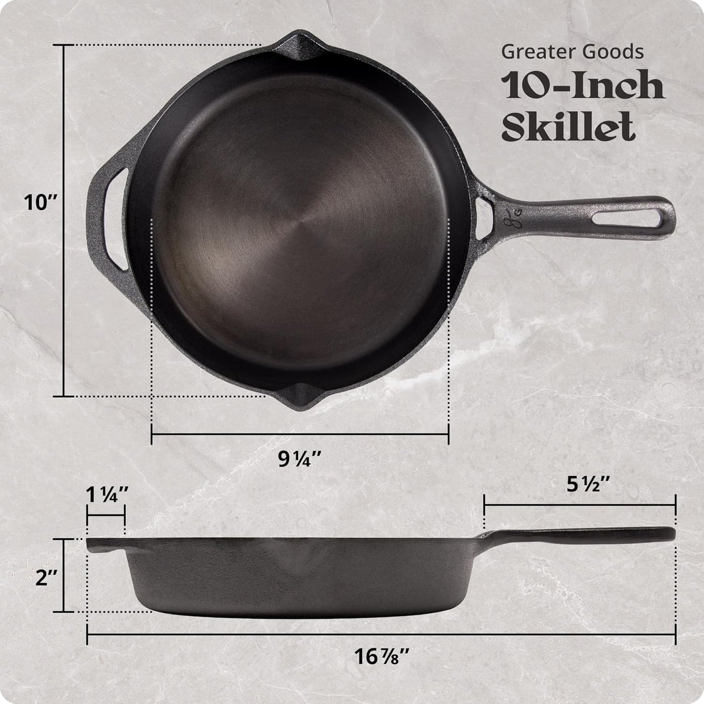 10-Inch Cast Iron Skillet Frying Pan – Milled Smooth Cast Iron Cooking Surface, Organically Pre-Seasoned with Flaxseed Oil, Long Handle & Dual Pour Spouts for Better Control
